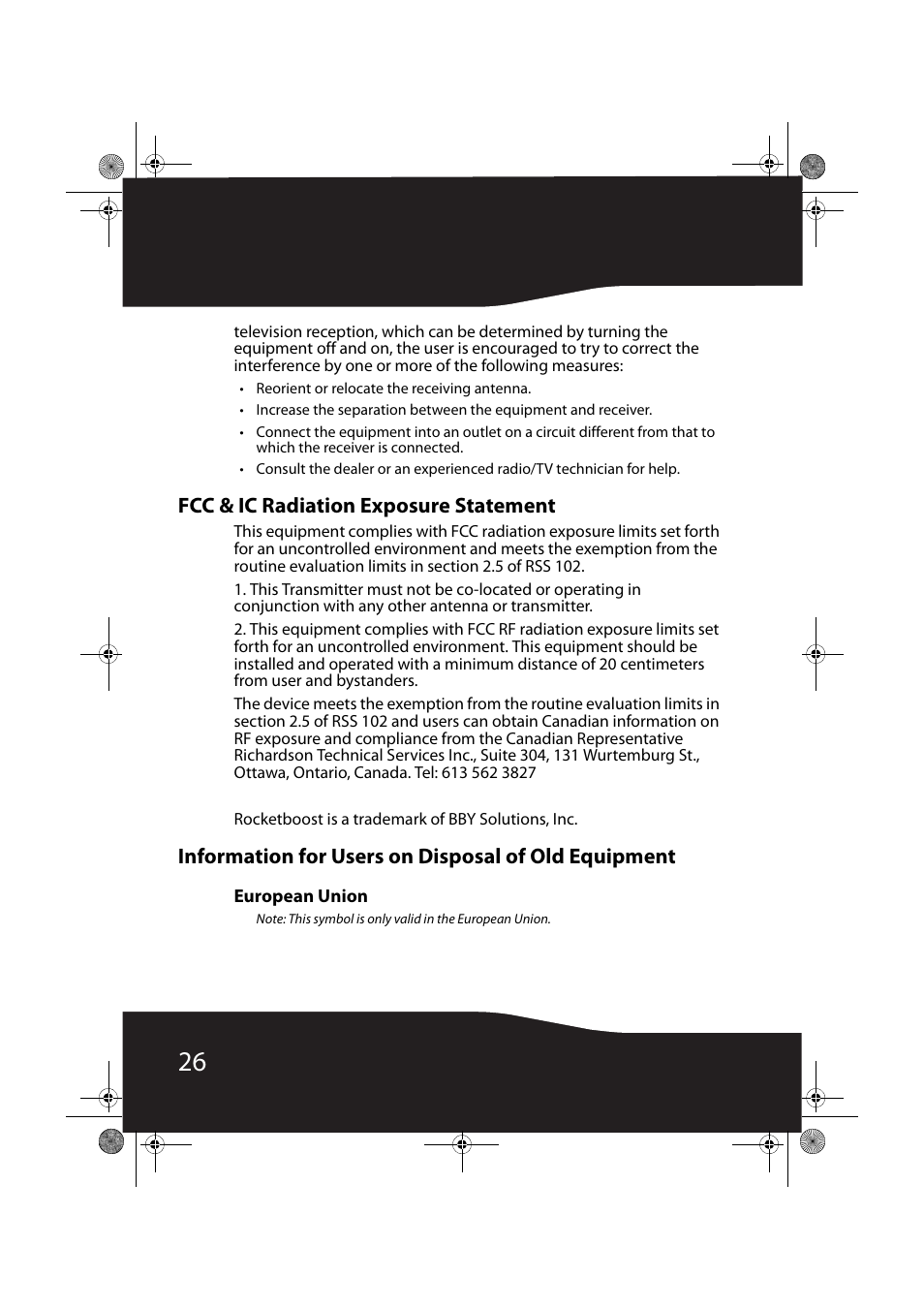 Fcc & ic radiation exposure statement, Information for users on disposal of old equipment | RocketFish ROCKETBOOST RF-RBWHP01 User Manual | Page 26 / 31