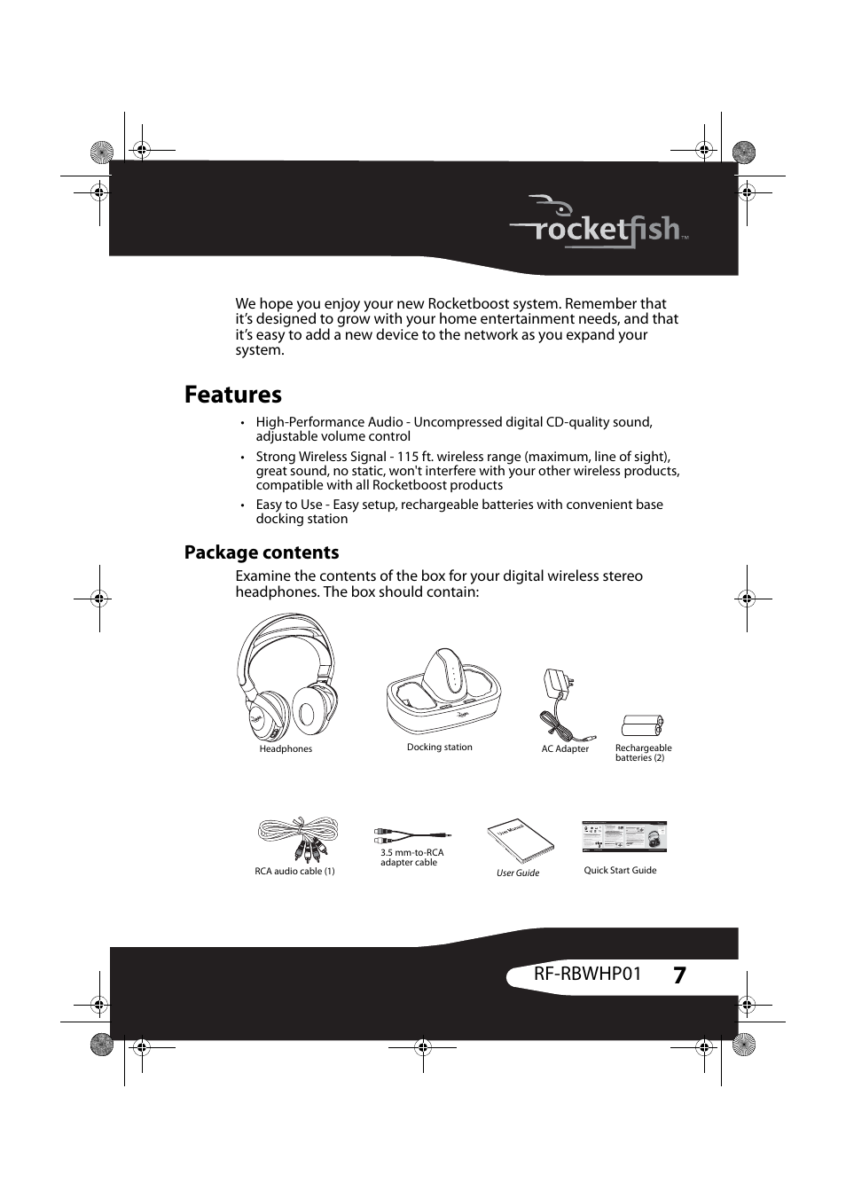 Features, Package contents, Rf-rbwhp01 | RocketFish ROCKETBOOST RF-RBWHP01 User Manual | Page 7 / 31