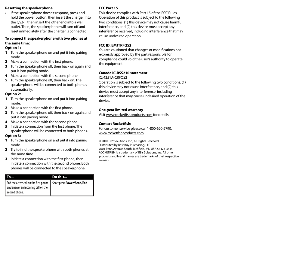 RocketFish QS2-T User Manual | Page 2 / 2