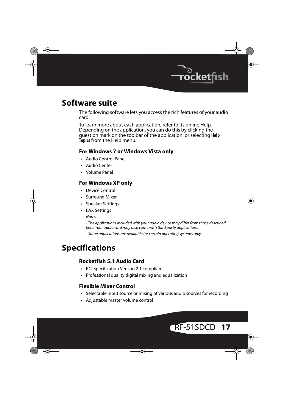 Software suite, For windows 7 or windows vista only, For windows xp only | Specifications, Rocketfish 5.1 audio card, Flexible mixer control, Software suite specifications, 17 rf-51sdcd software suite | RocketFish RF-51SDCD User Manual | Page 17 / 25