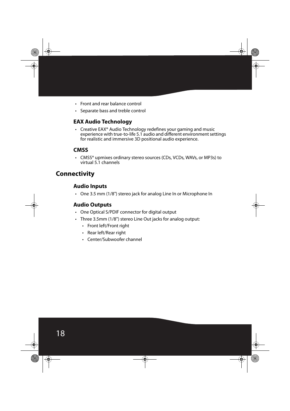 Eax audio technology, Cmss, Connectivity | Audio inputs, Audio outputs | RocketFish RF-51SDCD User Manual | Page 18 / 25