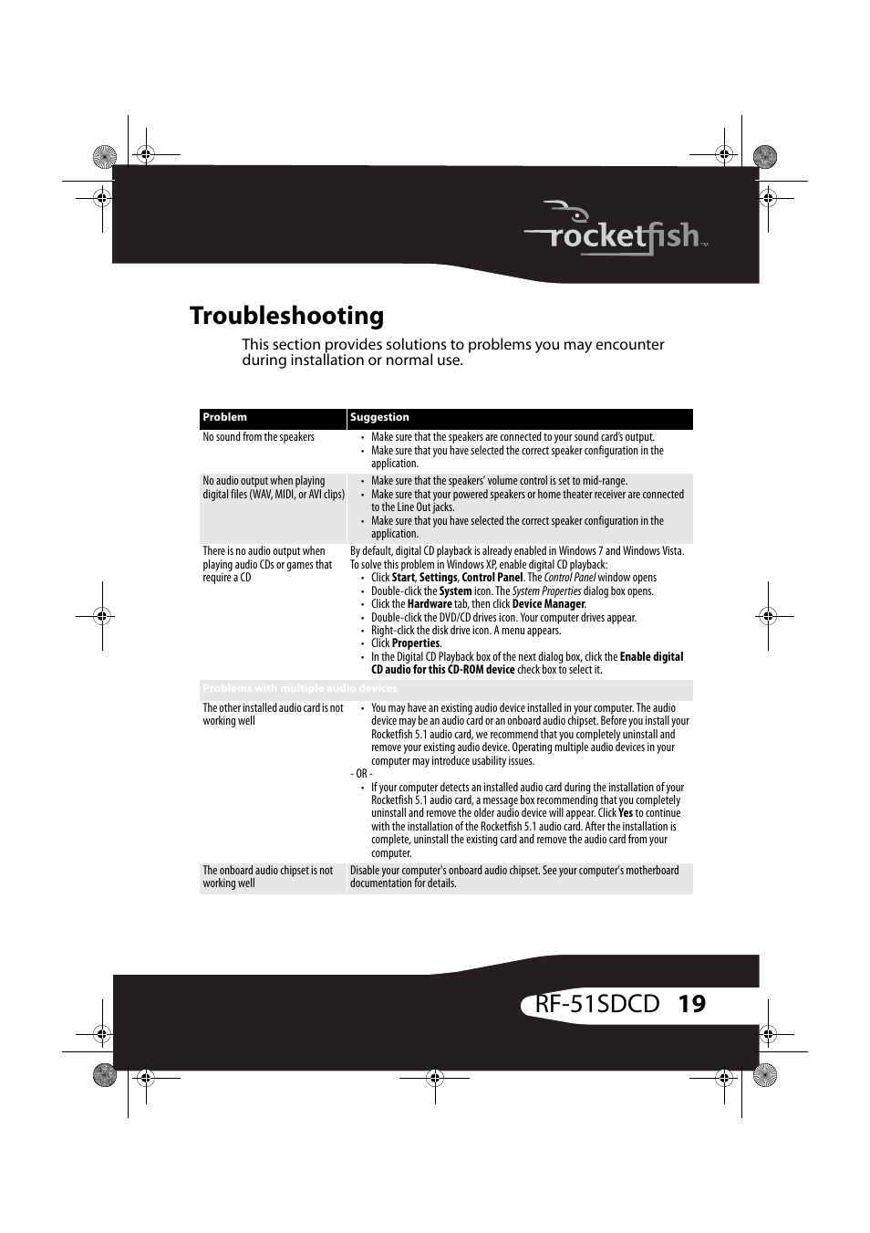 Troubleshooting, 19 rf-51sdcd troubleshooting | RocketFish RF-51SDCD User Manual | Page 19 / 25