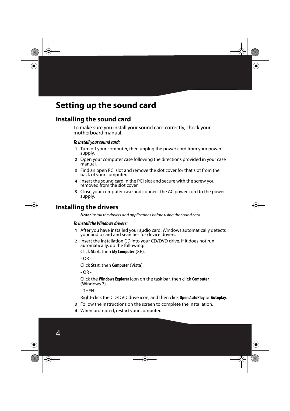 Setting up the sound card, Installing the sound card, Installing the drivers | 4setting up the sound card | RocketFish RF-51SDCD User Manual | Page 4 / 25