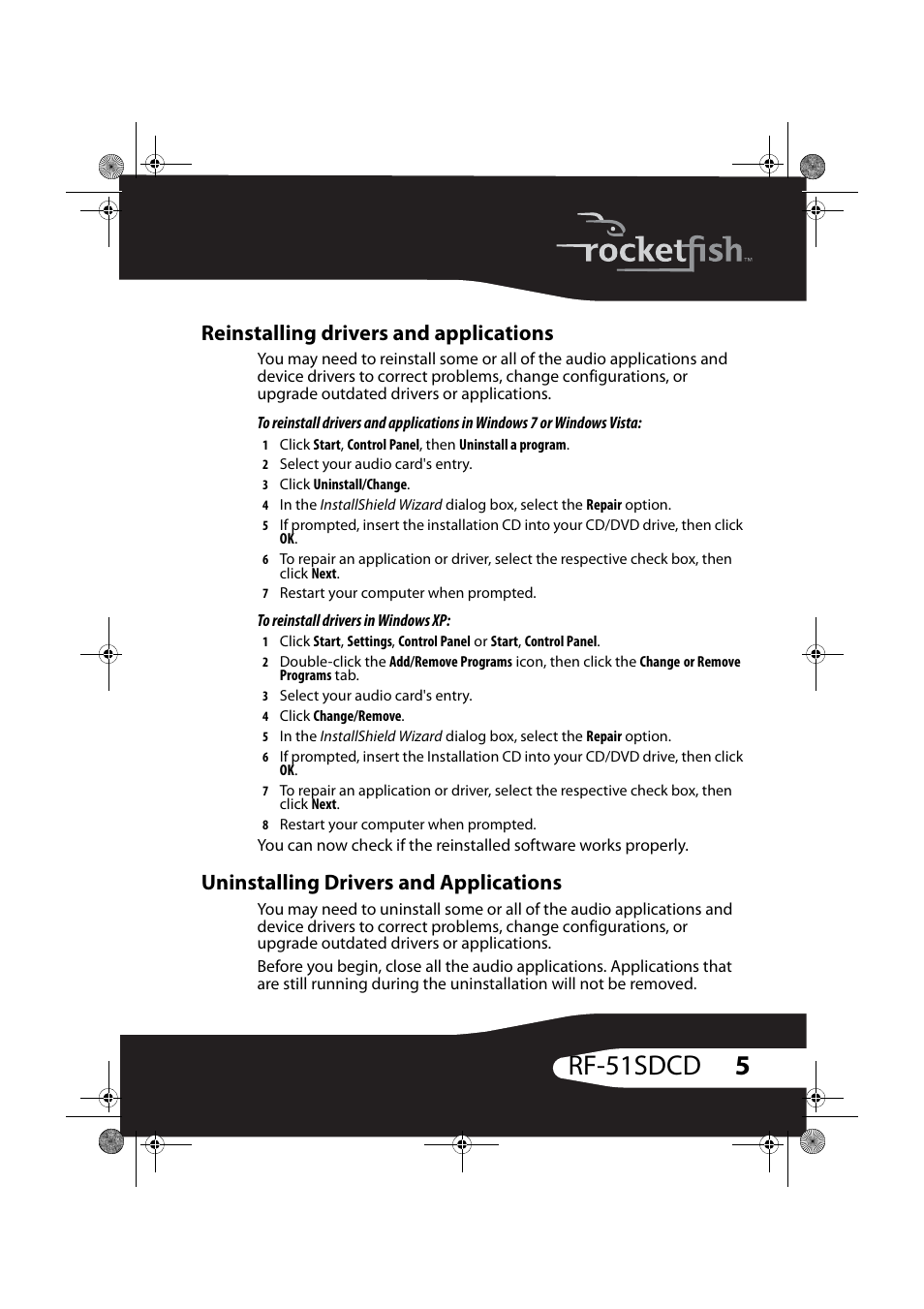 Reinstalling drivers and applications, Uninstalling drivers and applications, 5rf-51sdcd | RocketFish RF-51SDCD User Manual | Page 5 / 25