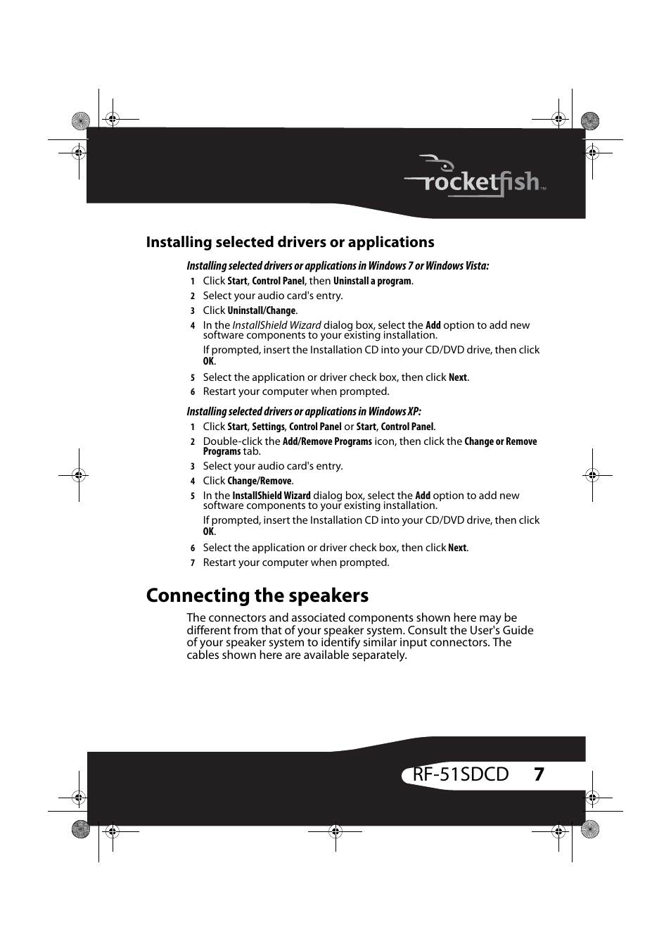 Installing selected drivers or applications, Connecting the speakers, 7rf-51sdcd | RocketFish RF-51SDCD User Manual | Page 7 / 25