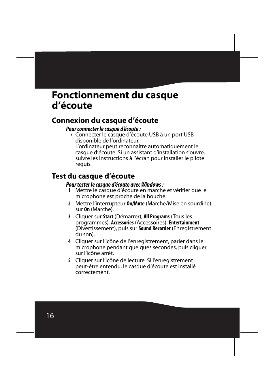 Fonctionnement du casque d’écoute, Connexion du casque d’écoute, Test du casque d’écoute | RocketFish RF-9640 User Manual | Page 16 / 36