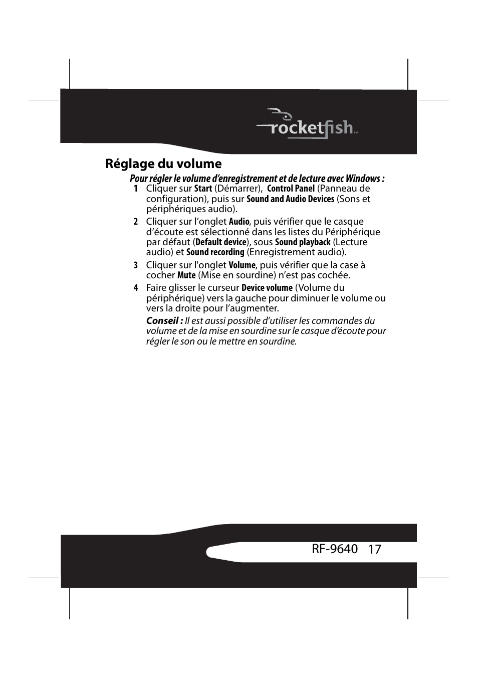 Réglage du volume | RocketFish RF-9640 User Manual | Page 17 / 36
