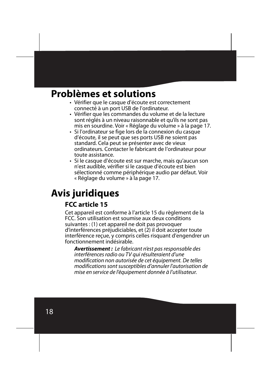 Problèmes et solutions, Avis juridiques, Fcc article 15 | Problèmes et solutions avis juridiques | RocketFish RF-9640 User Manual | Page 18 / 36