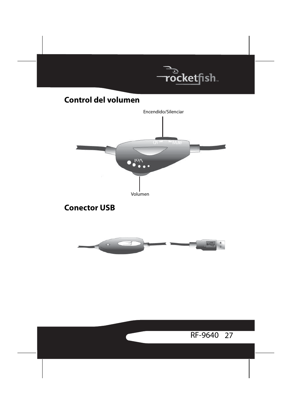 Control del volumen, Conector usb | RocketFish RF-9640 User Manual | Page 27 / 36