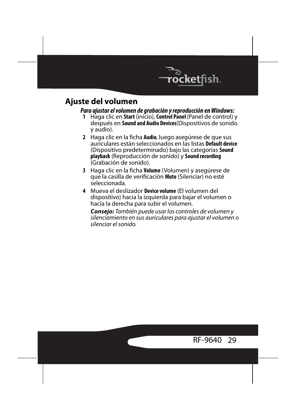 Ajuste del volumen | RocketFish RF-9640 User Manual | Page 29 / 36