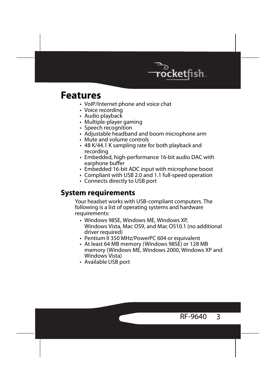 Features, System requirements | RocketFish RF-9640 User Manual | Page 3 / 36