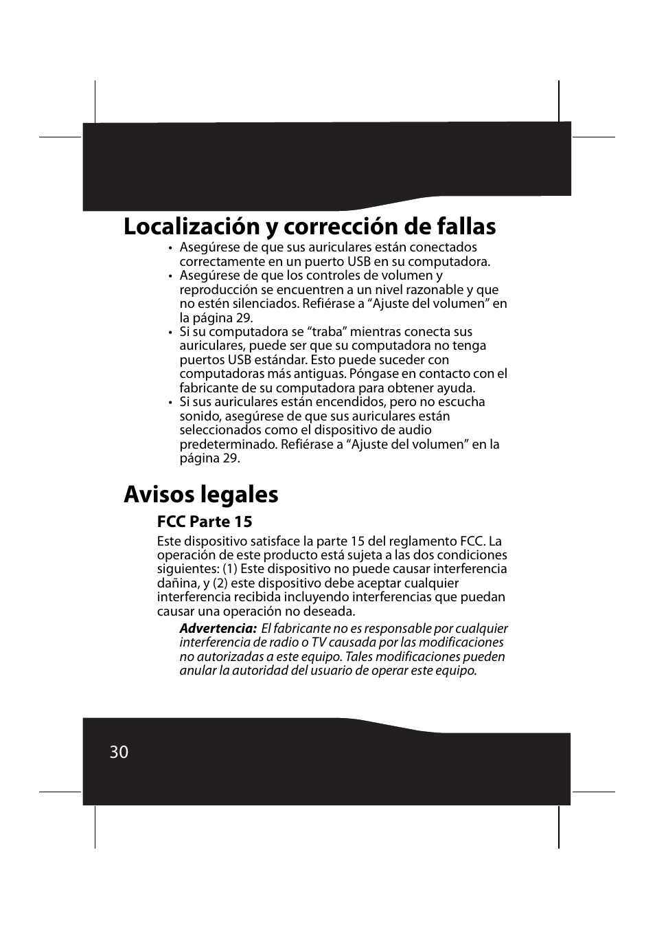 Localización y corrección de fallas, Avisos legales, Fcc parte 15 | Localización y corrección de fallas avisos legales | RocketFish RF-9640 User Manual | Page 30 / 36