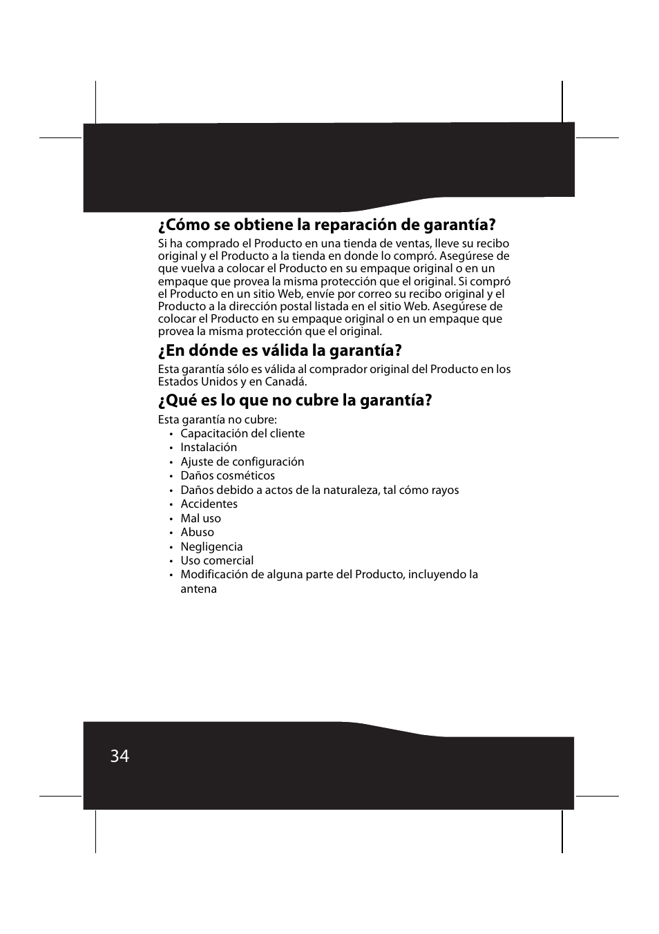 Cómo se obtiene la reparación de garantía, En dónde es válida la garantía, Qué es lo que no cubre la garantía | RocketFish RF-9640 User Manual | Page 34 / 36