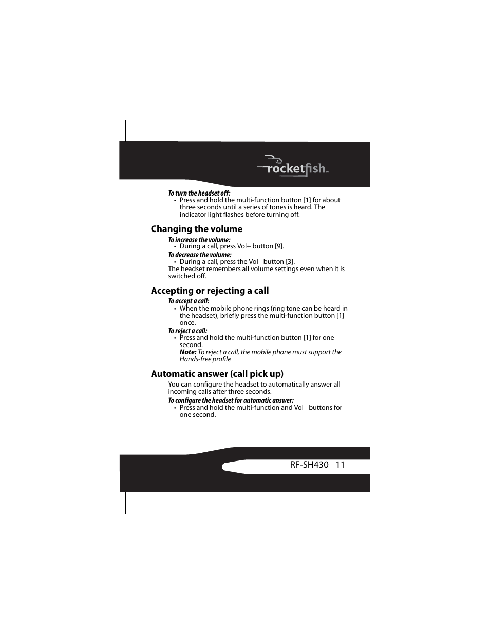 Changing the volume, Accepting or rejecting a call, Automatic answer (call pick up) | RocketFish RF-SH430 User Manual | Page 11 / 88