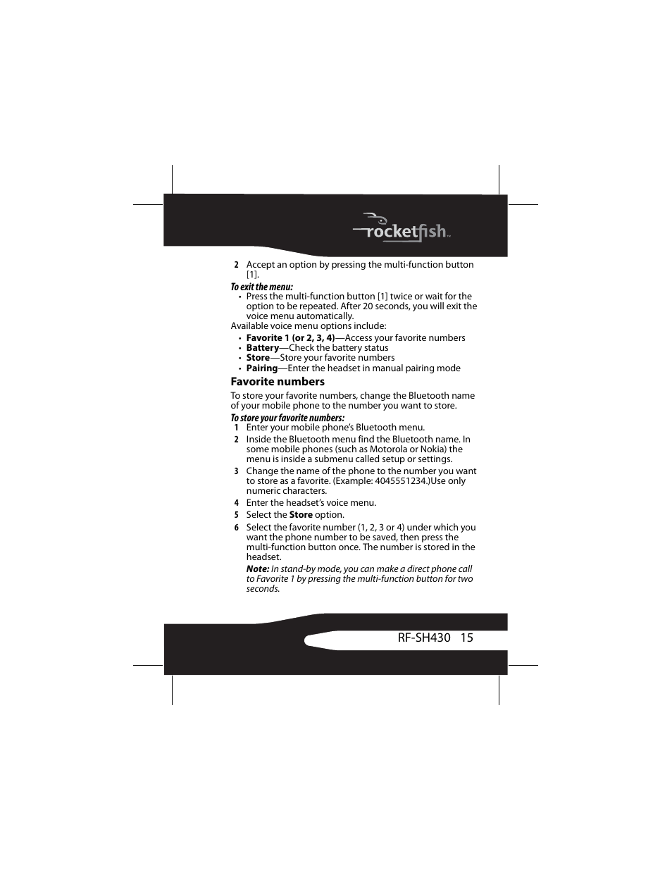 Favorite numbers | RocketFish RF-SH430 User Manual | Page 15 / 88