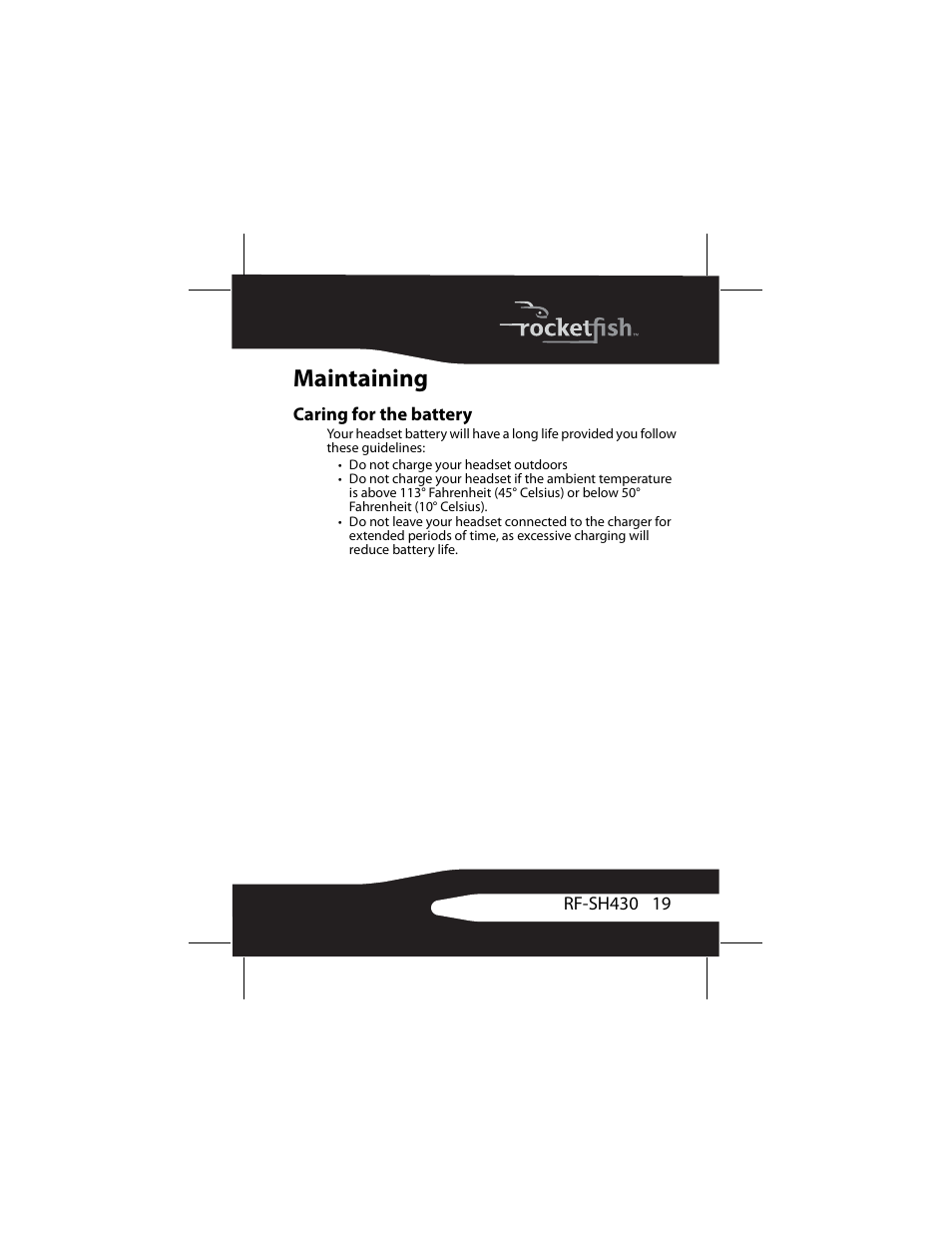 Maintaining, Caring for the battery | RocketFish RF-SH430 User Manual | Page 19 / 88