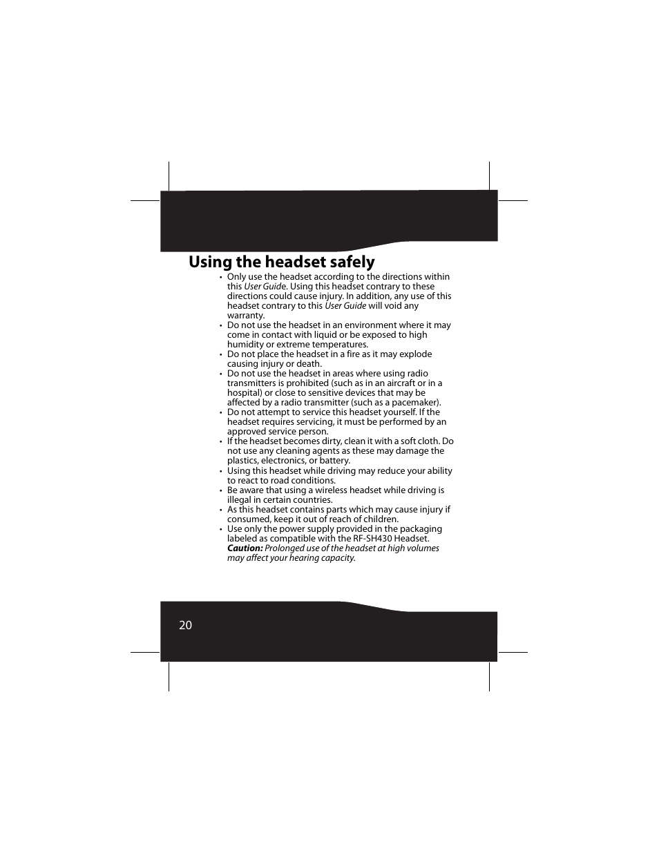 Using the headset safely | RocketFish RF-SH430 User Manual | Page 20 / 88