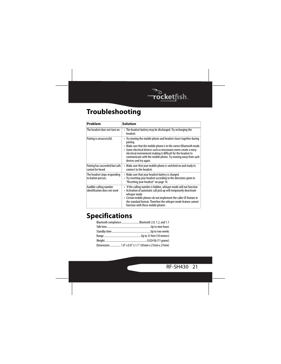 Troubleshooting, Specifications, Troubleshooting specifications | RocketFish RF-SH430 User Manual | Page 21 / 88