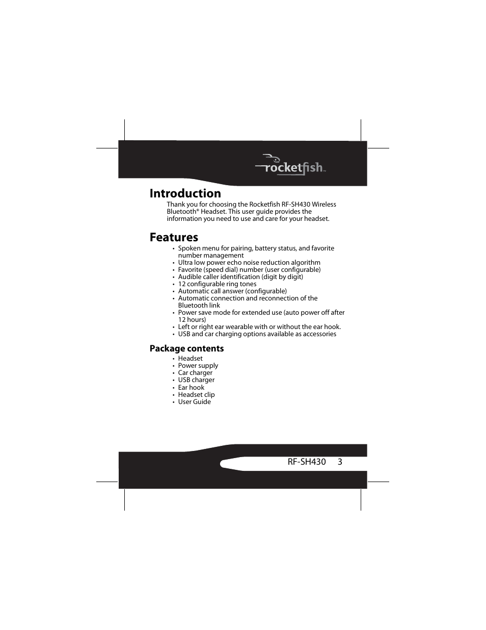 Introduction, Features, Package contents | Introduction features | RocketFish RF-SH430 User Manual | Page 3 / 88
