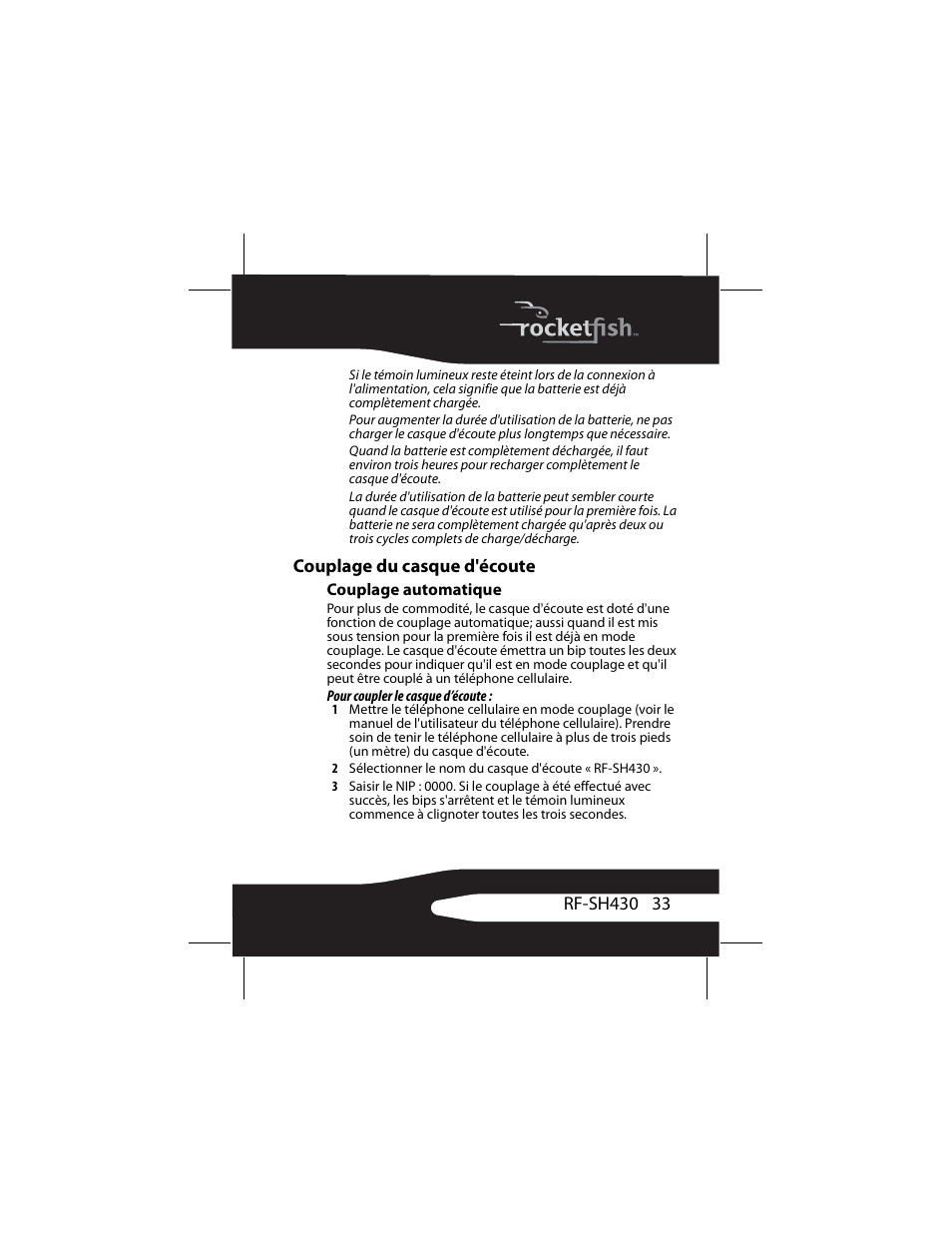 Couplage du casque d'écoute, Couplage automatique | RocketFish RF-SH430 User Manual | Page 33 / 88
