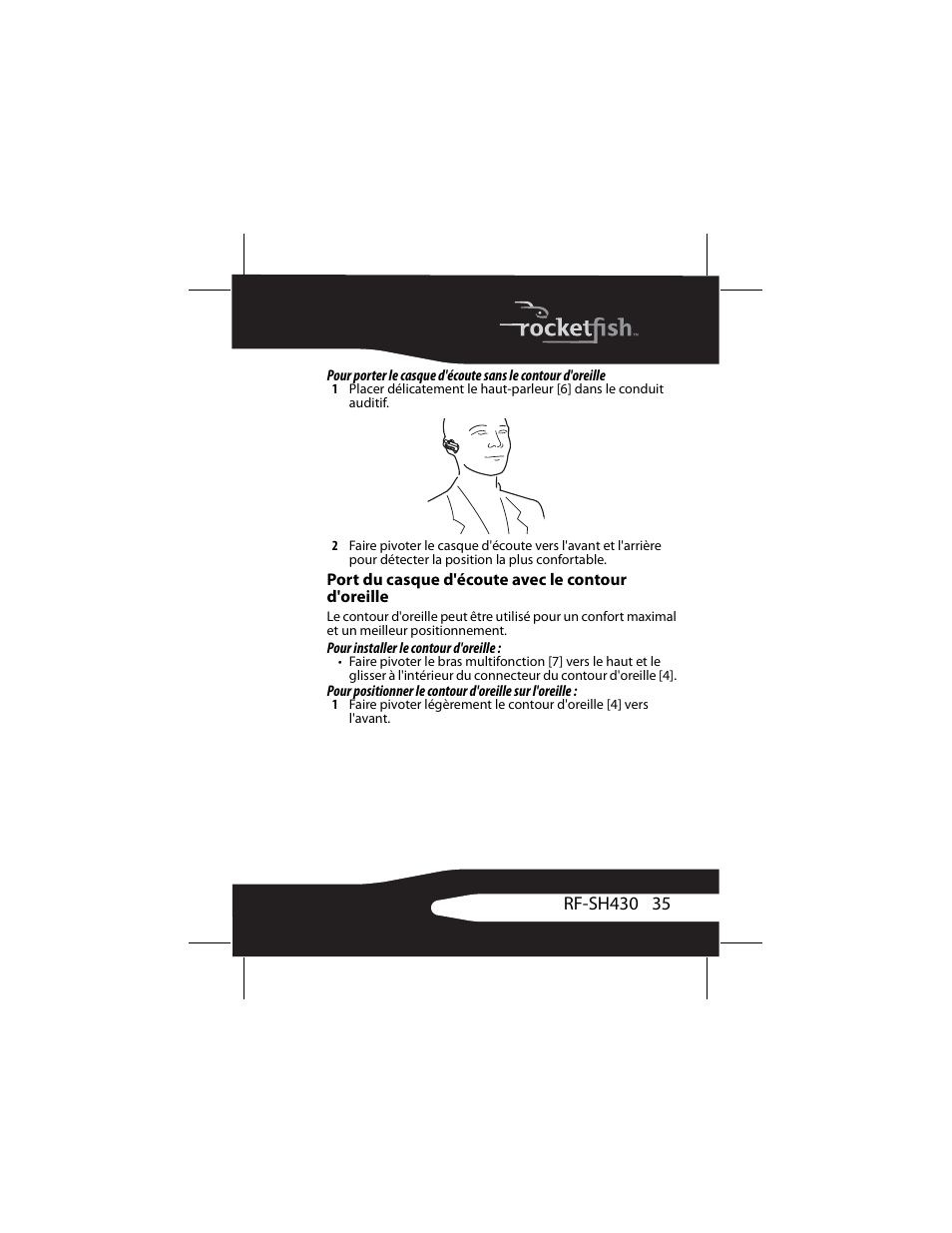 Port du casque d'écoute avec le contour d'oreille | RocketFish RF-SH430 User Manual | Page 35 / 88