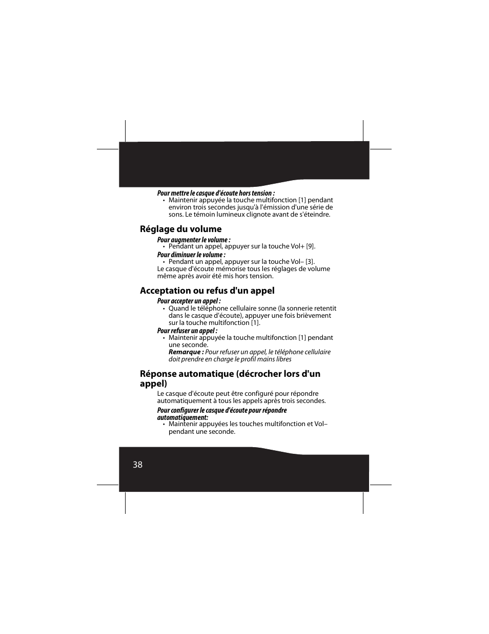 Réglage du volume, Acceptation ou refus d'un appel, Réponse automatique (décrocher lors d'un appel) | RocketFish RF-SH430 User Manual | Page 38 / 88