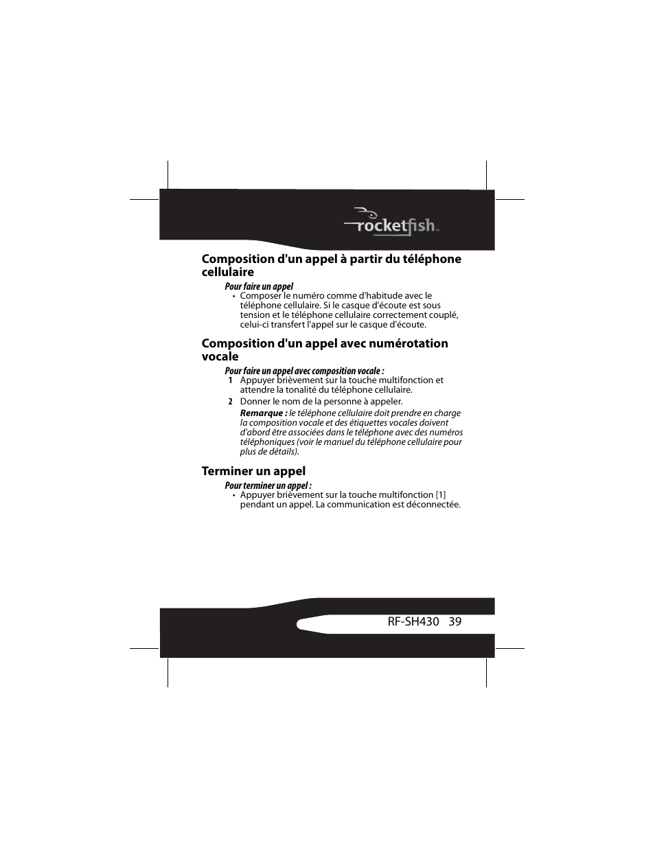 Composition d'un appel avec numérotation vocale, Terminer un appel | RocketFish RF-SH430 User Manual | Page 39 / 88