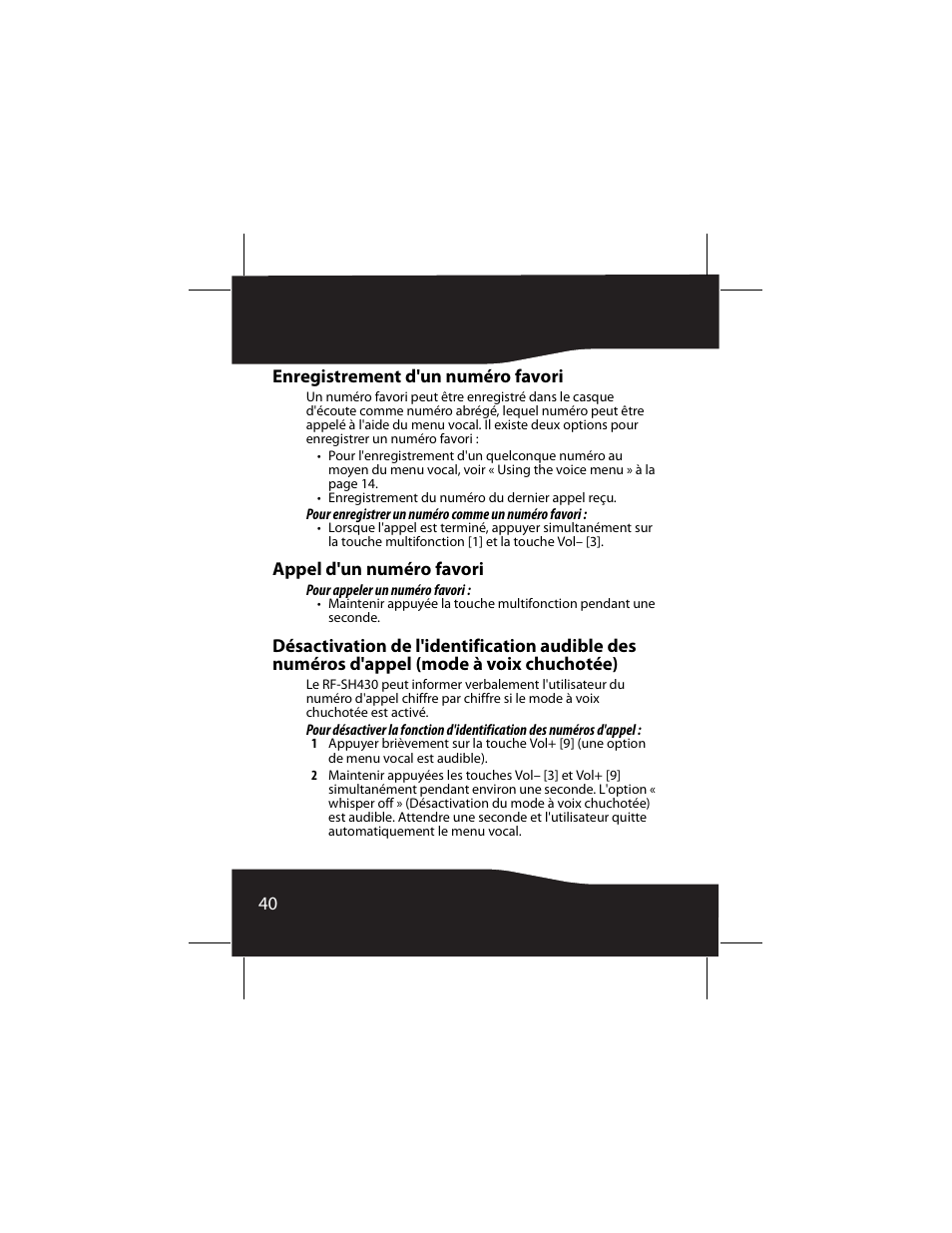 Enregistrement d'un numéro favori, Appel d'un numéro favori | RocketFish RF-SH430 User Manual | Page 40 / 88