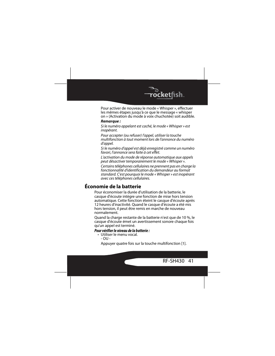 Économie de la batterie | RocketFish RF-SH430 User Manual | Page 41 / 88
