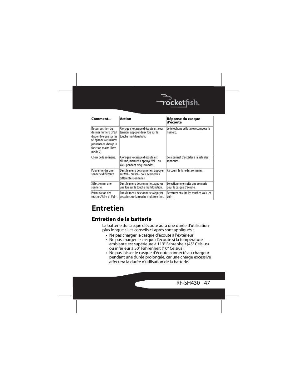Entretien, Entretien de la batterie | RocketFish RF-SH430 User Manual | Page 47 / 88