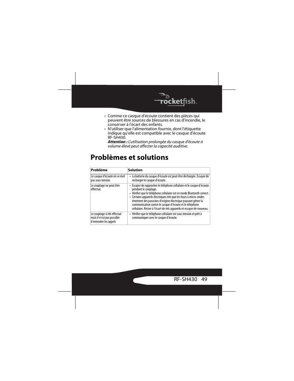 Problèmes et solutions | RocketFish RF-SH430 User Manual | Page 49 / 88
