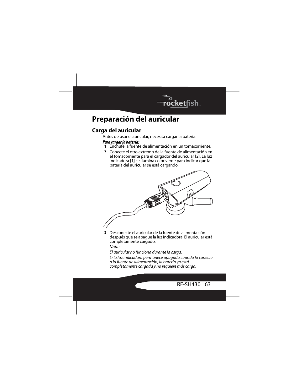 Preparación del auricular, Carga del auricular | RocketFish RF-SH430 User Manual | Page 63 / 88