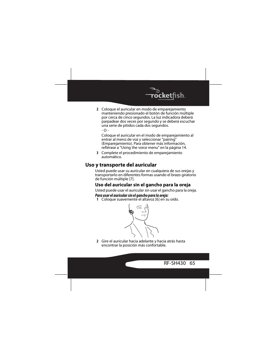 Uso y transporte del auricular, Uso del auricular sin el gancho para la oreja | RocketFish RF-SH430 User Manual | Page 65 / 88