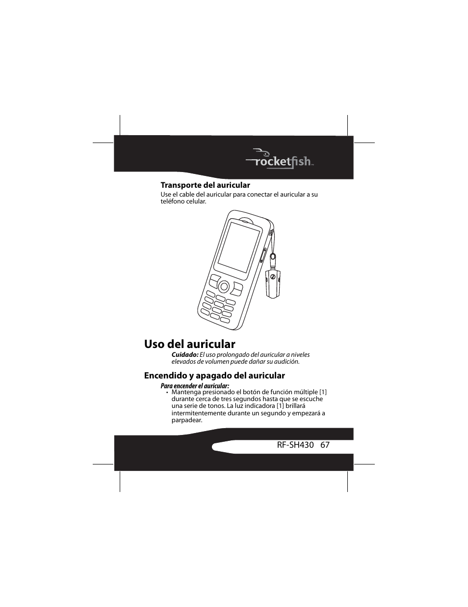 Transporte del auricular, Uso del auricular, Encendido y apagado del auricular | RocketFish RF-SH430 User Manual | Page 67 / 88