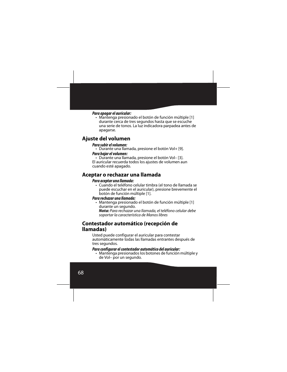 Ajuste del volumen, Aceptar o rechazar una llamada, Contestador automático (recepción de llamadas) | RocketFish RF-SH430 User Manual | Page 68 / 88