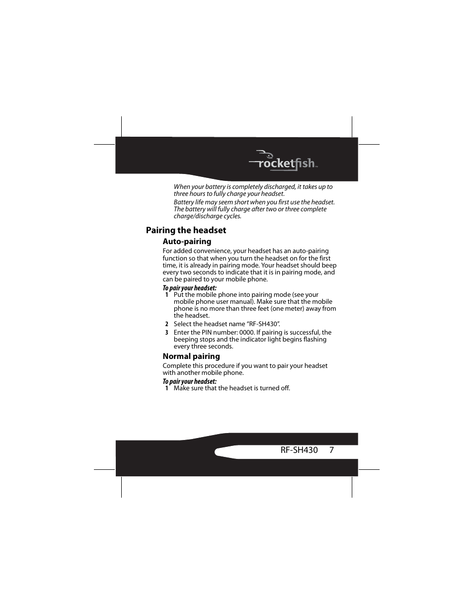 Pairing the headset, Auto-pairing, Normal pairing | RocketFish RF-SH430 User Manual | Page 7 / 88