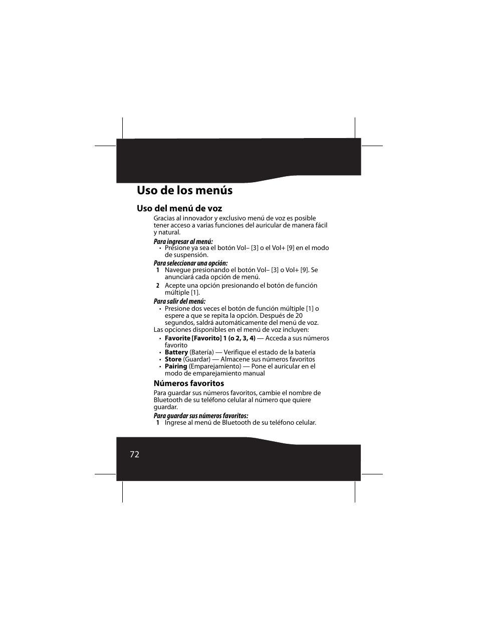 Uso de los menús, Uso del menú de voz, Números favoritos | RocketFish RF-SH430 User Manual | Page 72 / 88