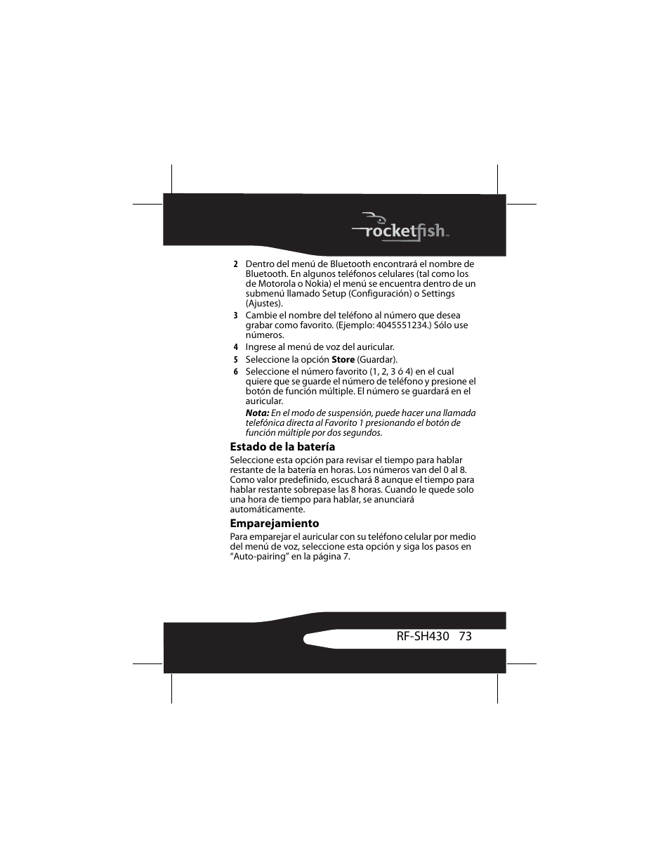 Estado de la batería, Emparejamiento | RocketFish RF-SH430 User Manual | Page 73 / 88