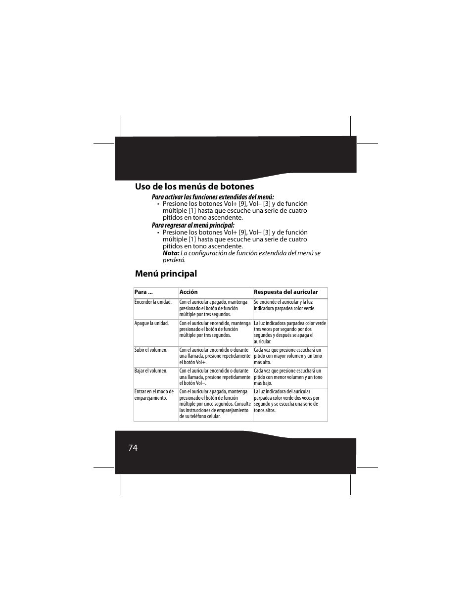 Uso de los menús de botones, Menú principal, 74 uso de los menús de botones | RocketFish RF-SH430 User Manual | Page 74 / 88