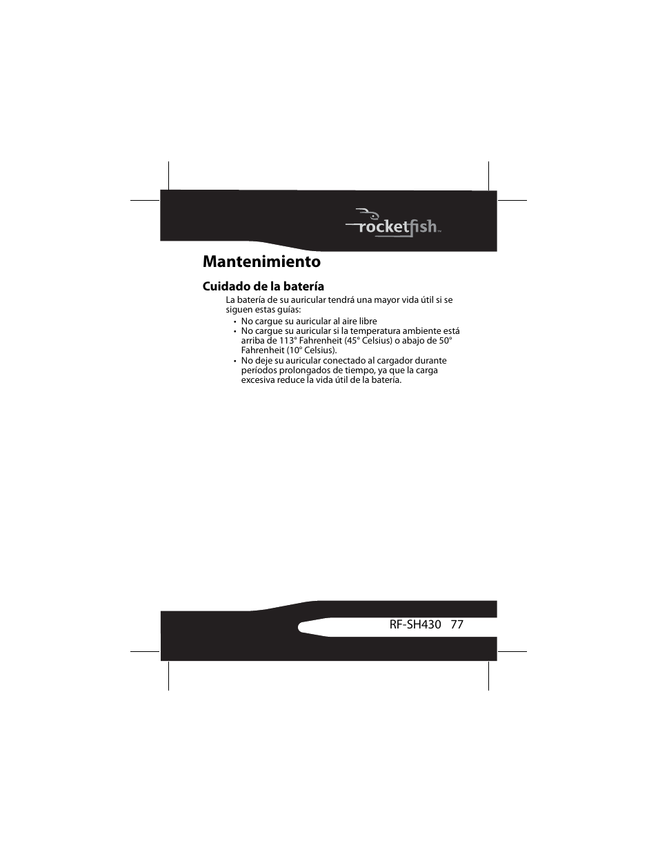 Mantenimiento, Cuidado de la batería | RocketFish RF-SH430 User Manual | Page 77 / 88