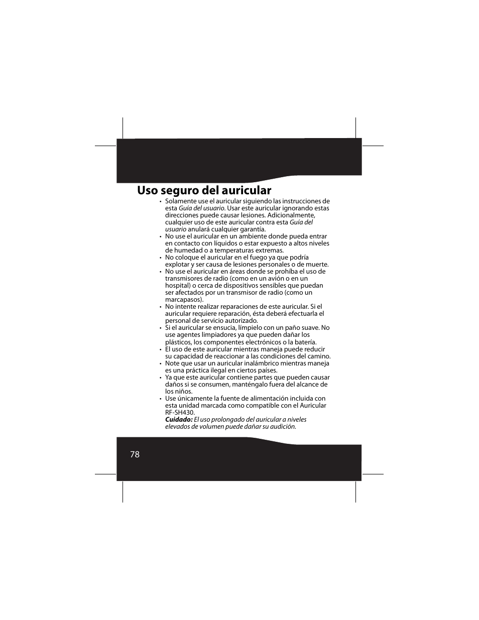 Uso seguro del auricular | RocketFish RF-SH430 User Manual | Page 78 / 88