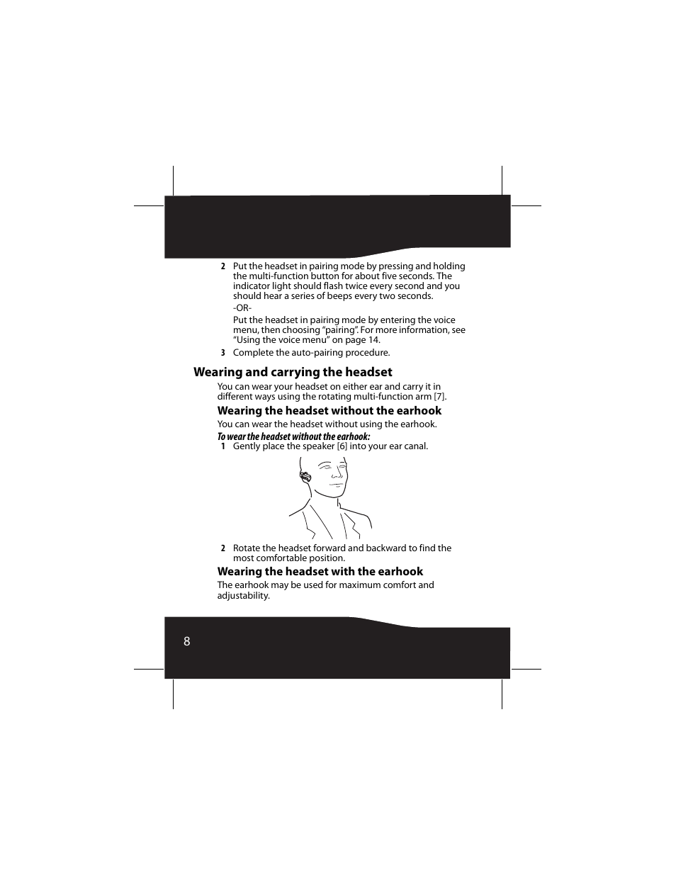 Wearing and carrying the headset, Wearing the headset without the earhook, Wearing the headset with the earhook | RocketFish RF-SH430 User Manual | Page 8 / 88