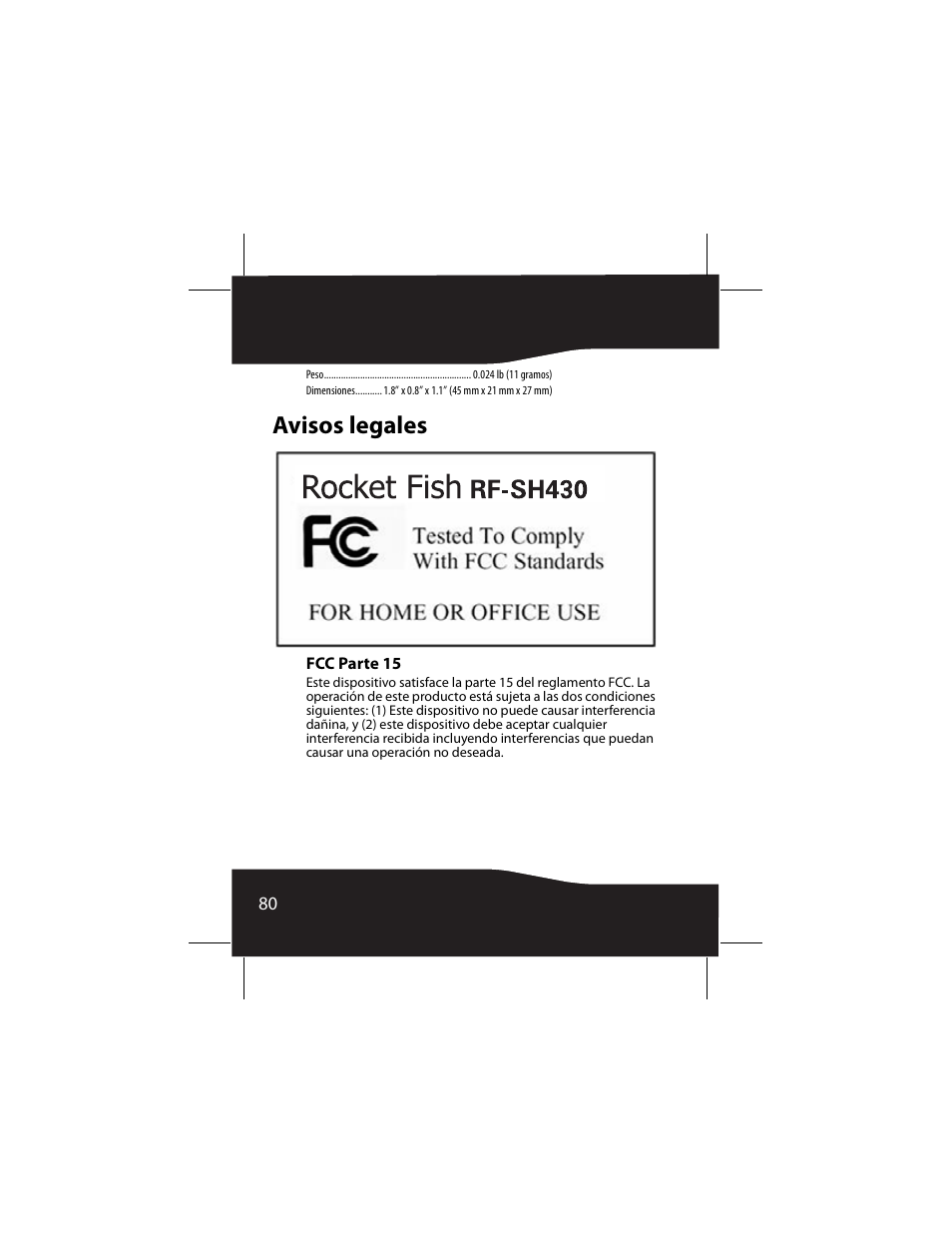 Avisos legales, Fcc parte 15 | RocketFish RF-SH430 User Manual | Page 80 / 88