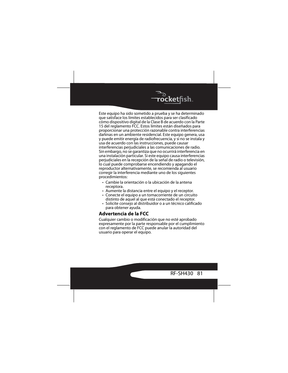 Advertencia de la fcc | RocketFish RF-SH430 User Manual | Page 81 / 88