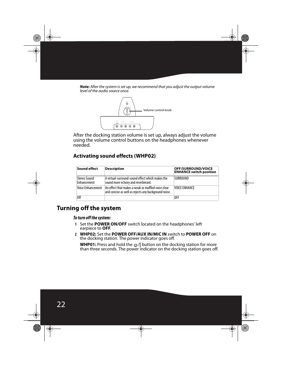 Turning off the system, Activating sound effects (whp02) | RocketFish RF-WHP01 User Manual | Page 22 / 92