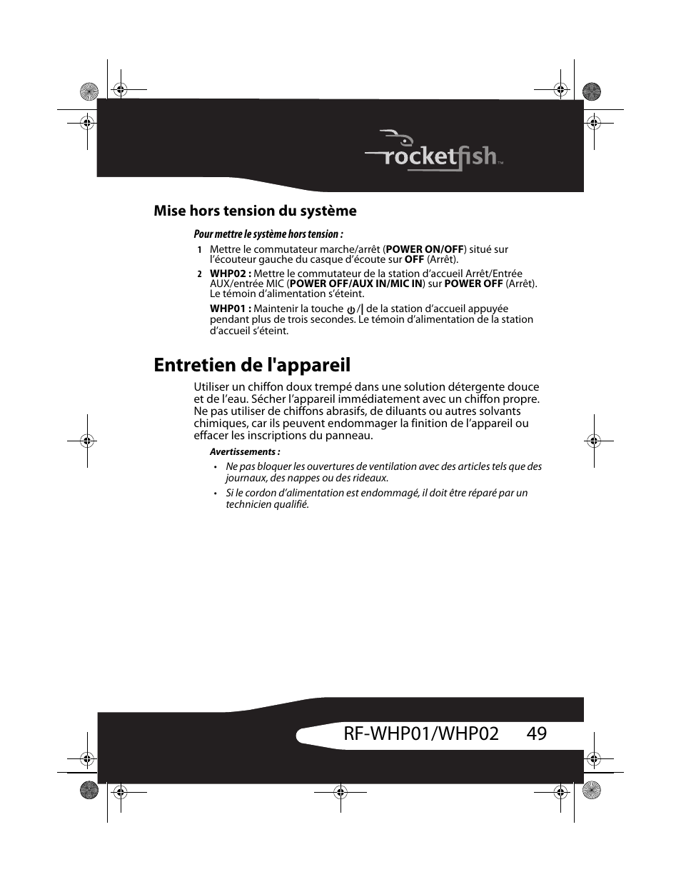 Entretien de l'appareil, Mise hors tension du système | RocketFish RF-WHP01 User Manual | Page 49 / 92