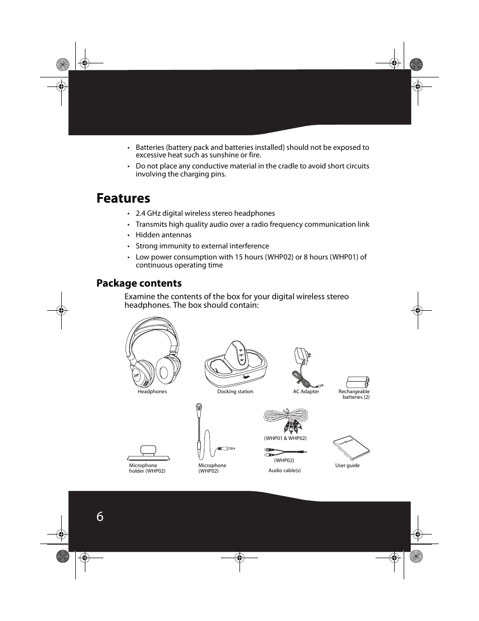 Features, Package contents | RocketFish RF-WHP01 User Manual | Page 6 / 92