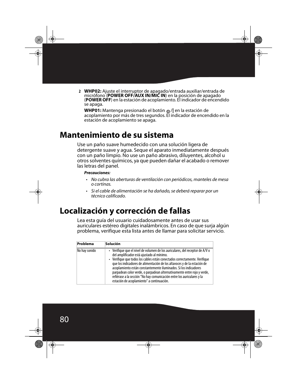 Mantenimiento de su sistema, Localización y corrección de fallas | RocketFish RF-WHP01 User Manual | Page 80 / 92