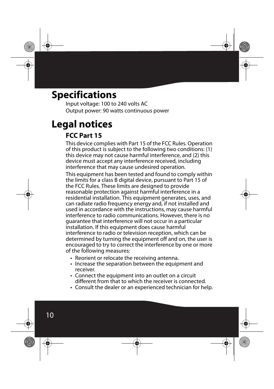 Specifications, Legal notices, Fcc part 15 | Specifications legal notices | RocketFish RF-BPRAC3 User Manual | Page 10 / 16