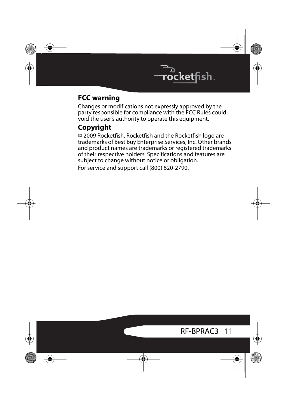 Fcc warning, Copyright, 11 rf-bprac3 | RocketFish RF-BPRAC3 User Manual | Page 11 / 16